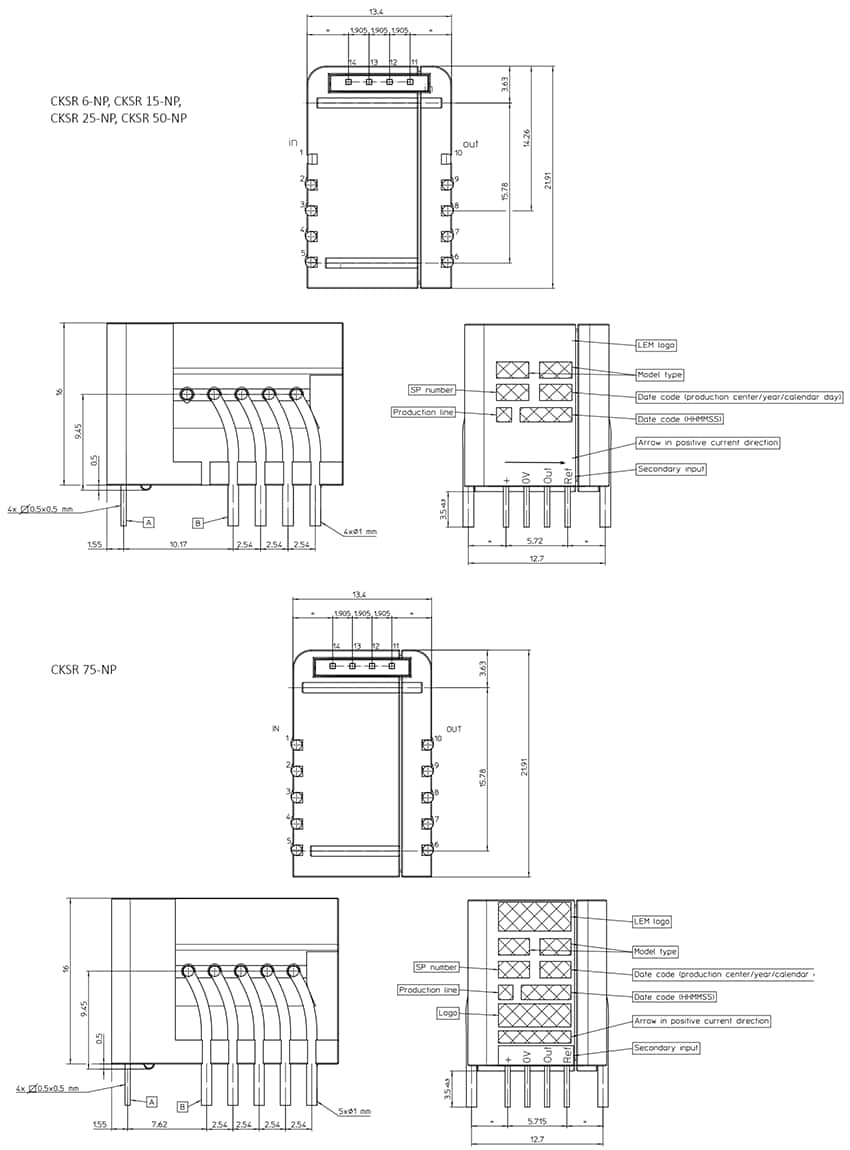 Mechanical Drawing - LEM CKSR Board Mount Current Transducers
